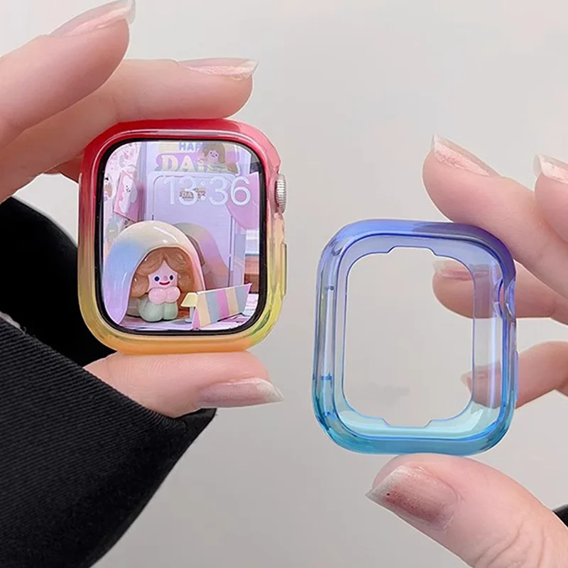 Capa de mudança gradual de cor doce para apple watch case 49mm 45mm 40mm 44mm moldura protetora de casca macia para iwatch 10 9 8 7 se 6 5