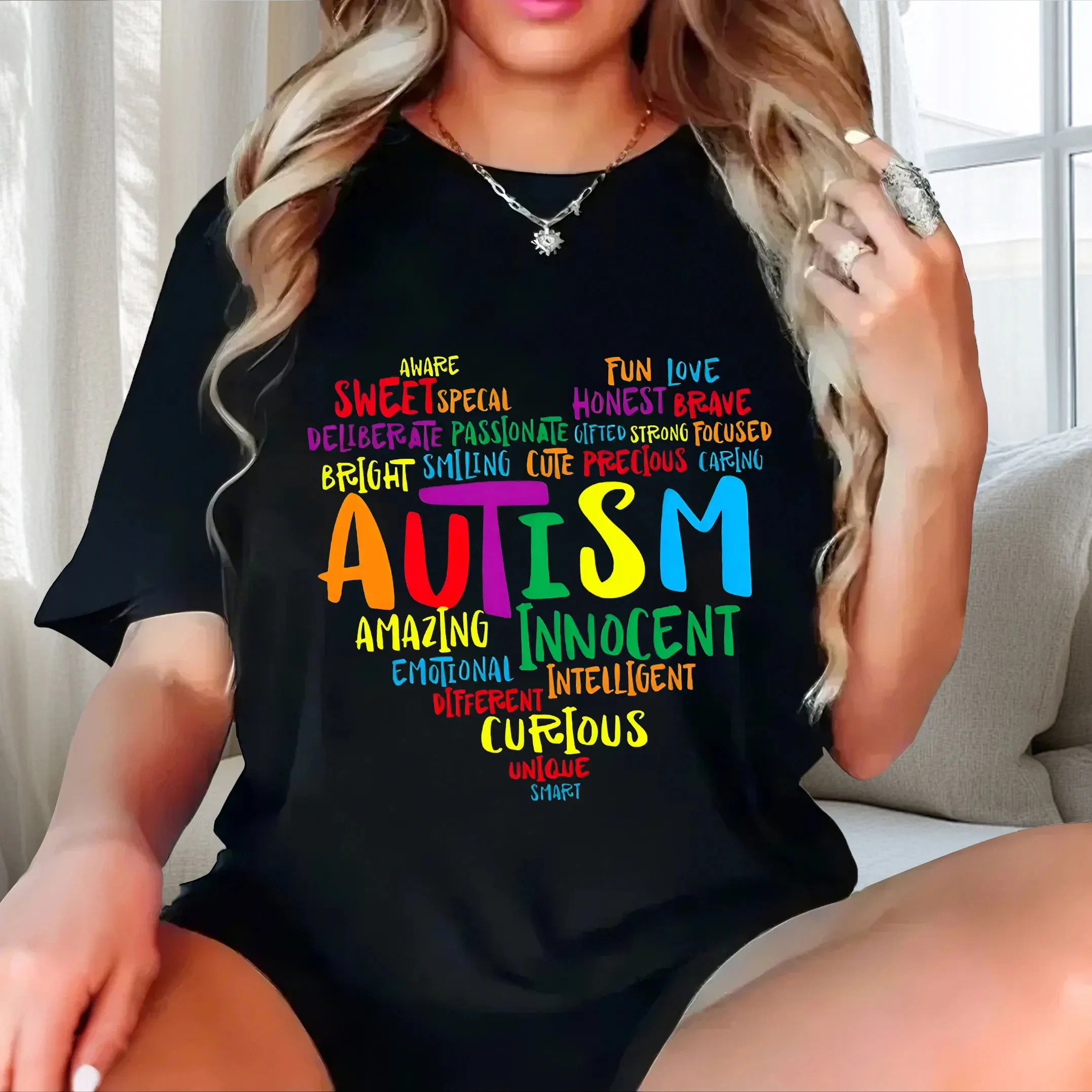 

Heart shaped letter pattern print trendy hot item plus size Ladies' casual short sleeved T-shirt black