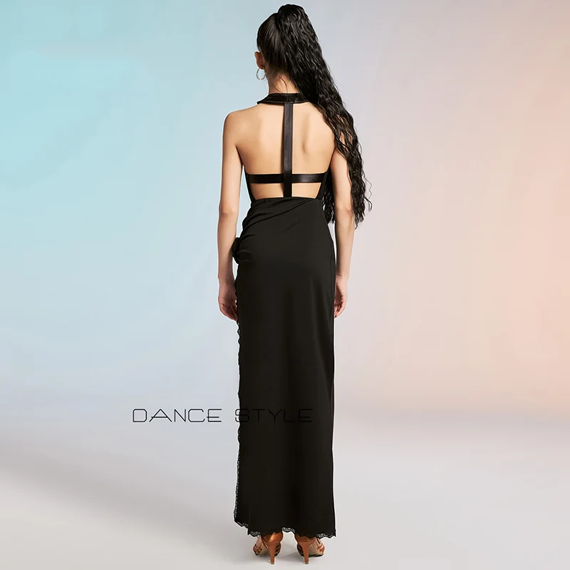 Volwassen Sexy Latin Dans Kleding Vrouwen Prestaties Kleding Tango Rumba Toneelkostuum Zwart Backless Bodysuit Spleet Rok VBH2081