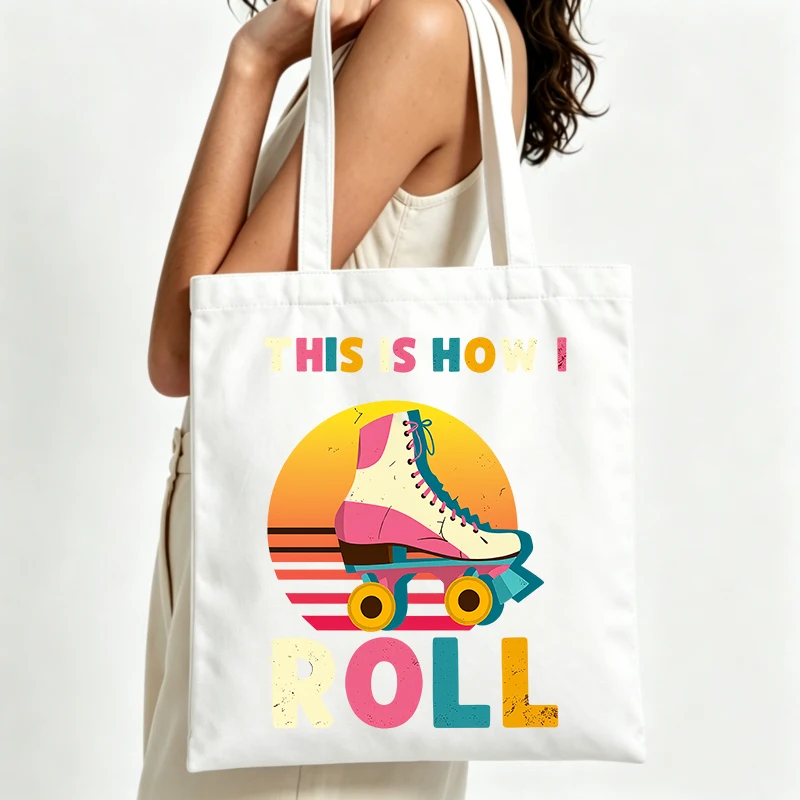 roller skate graphic canvas tote bag with retro typography, ideal for casual daily use and summer outings