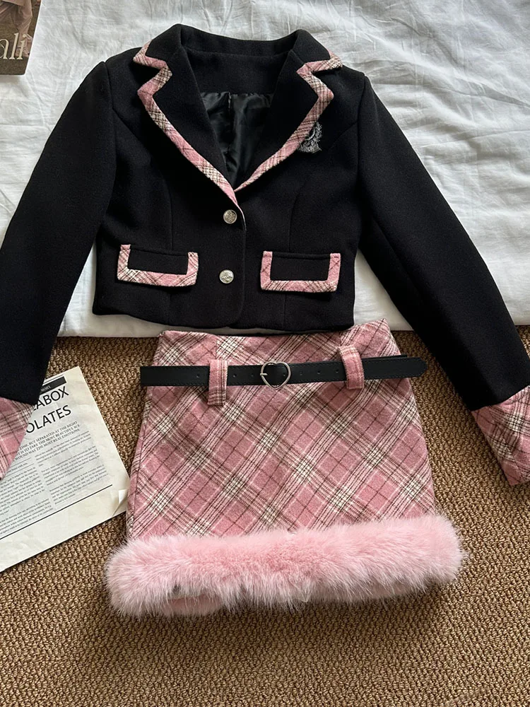 Styl Preppy słodkie stroje 2-częściowe zestaw spódnic odzież wierzchnia Gyaru luksusowa wysokiej jakości + różowa spódnica w kratę o linii pluszowa