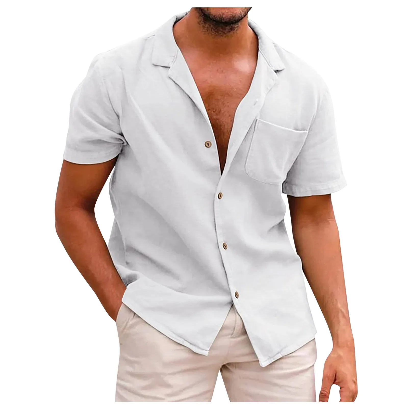 

Рубашка мужская с коротким рукавом, модная повседневная сорочка из хлопка и льна, однотонная Повседневная простая Классическая универсальная блузка, топы, лето