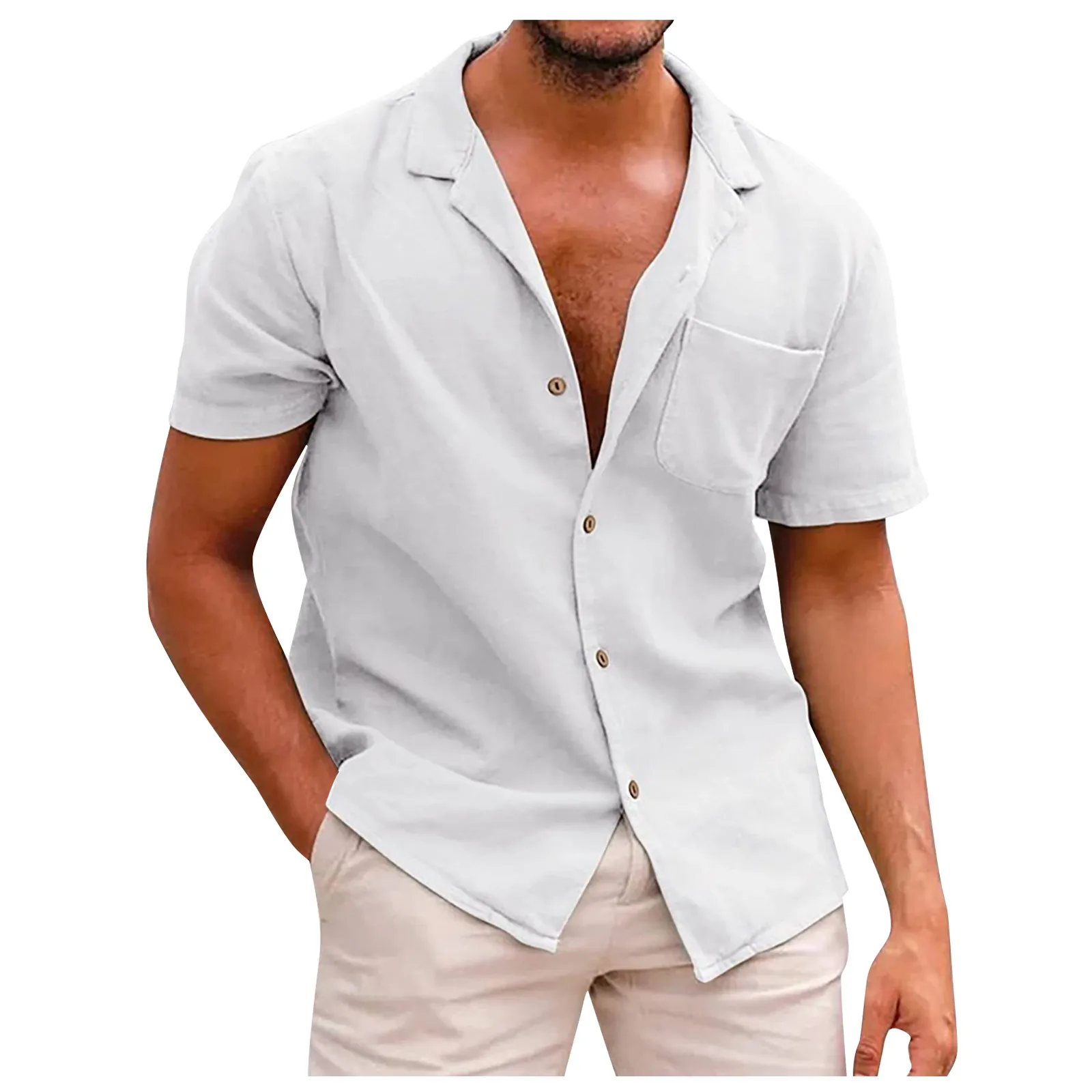 Men Short Sleeve Shirts Summer Causal Fashion Cotton Linen Solid Color Shirts Daily Simple Classic All-Match Blouse Tops