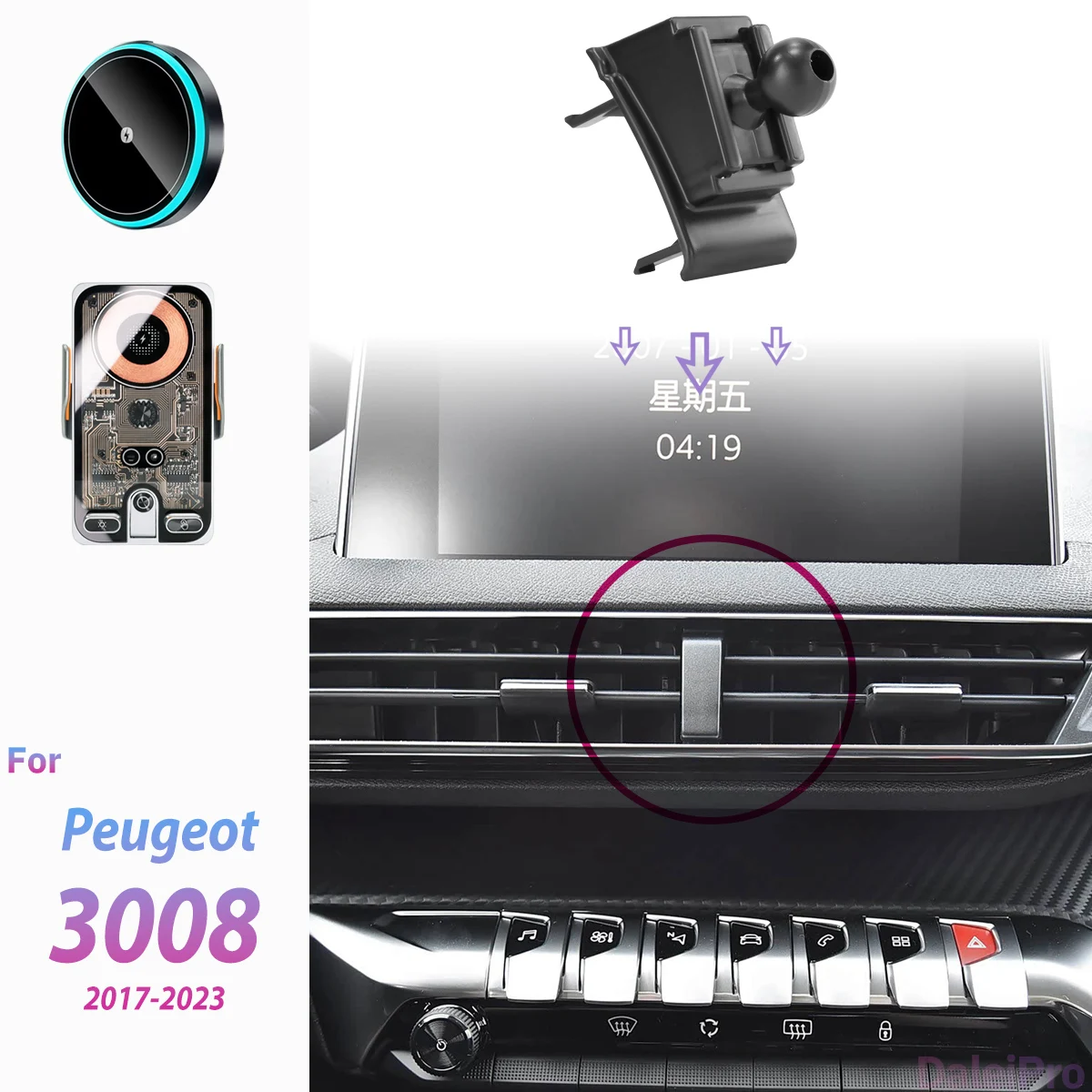 Für Peugeot 3008 4008 5008 2017-2023 Auto-Handyhalterung Kabelloses Ladegerät Halterung mit Automatischer Klemmung Starker Magnetischer Halter