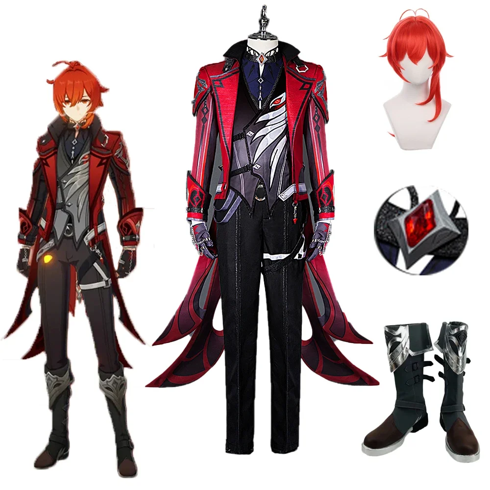 Game Genshin Impact Diluc Red Dead Of Night Cosplay Costume Wig Shoes Anime Genshin Diluc Cosplay Clothes New Skin