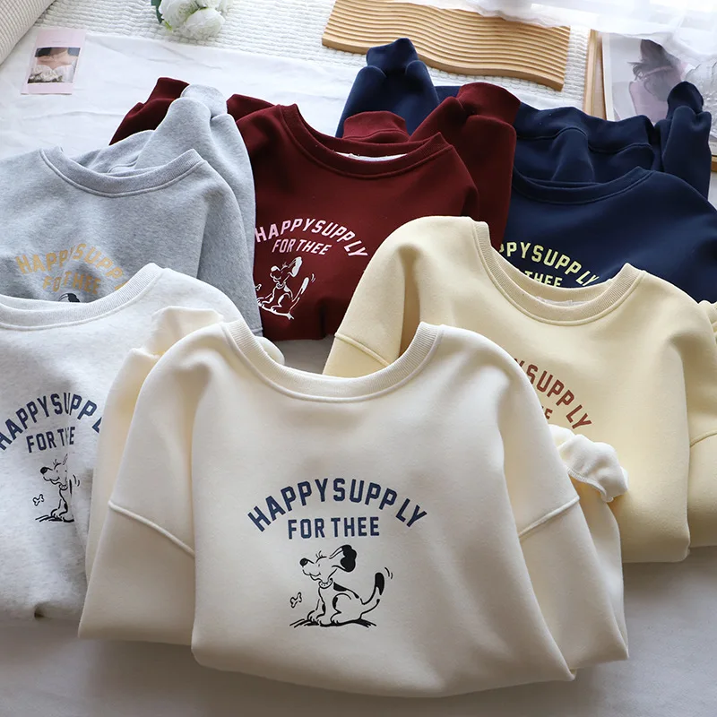 Sweat à capuche ample doublé de Fce pour femmes, collège coréen, rond, lettre Ne, imprimé chien de dessin animé, nouvelle collection hiver Ar...