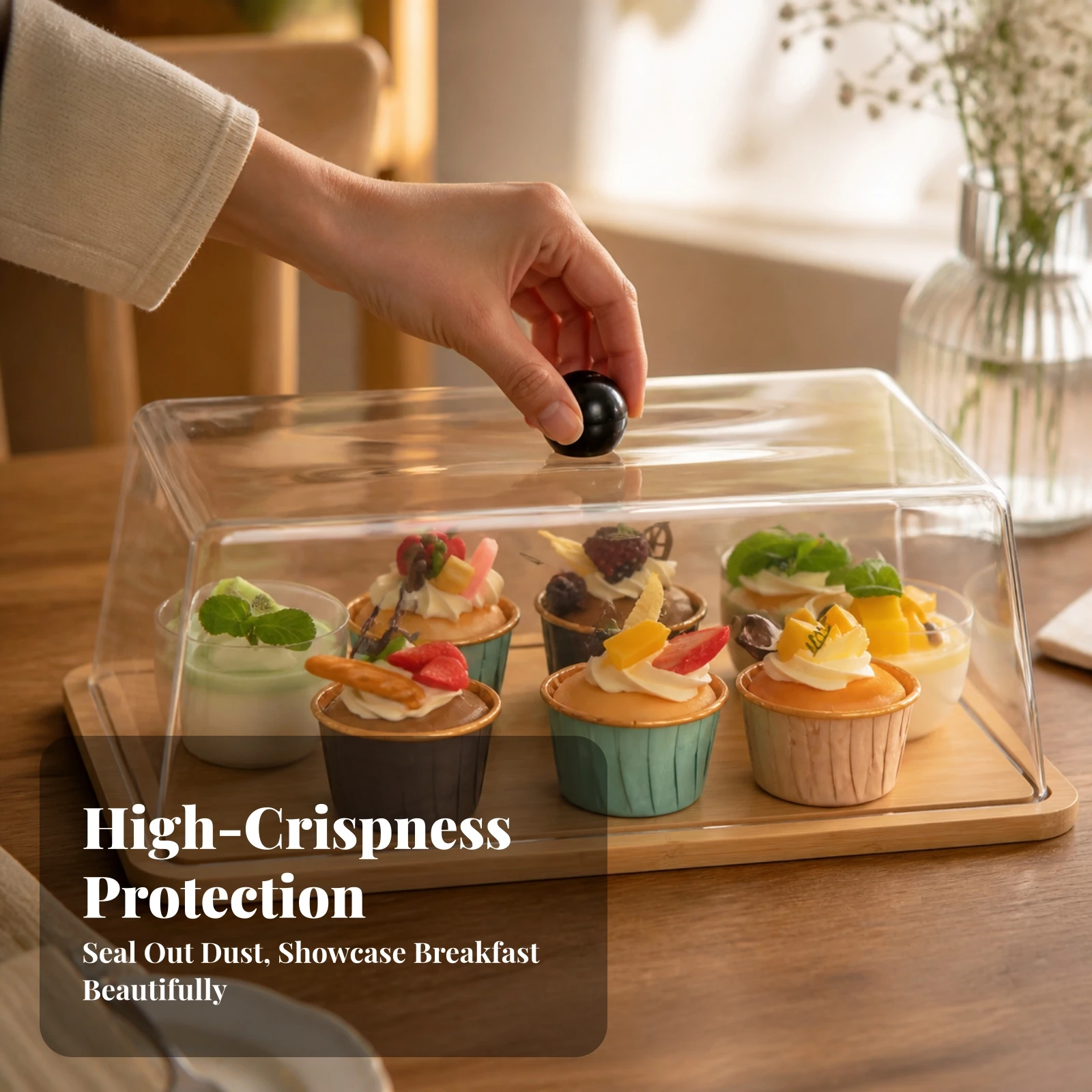 Bamboo Serving Tray with Cover Square Bamboo Tray with Lid Cake Stand with Acrylic Dome Cover Clear Platter Food-Safe for Hosts
