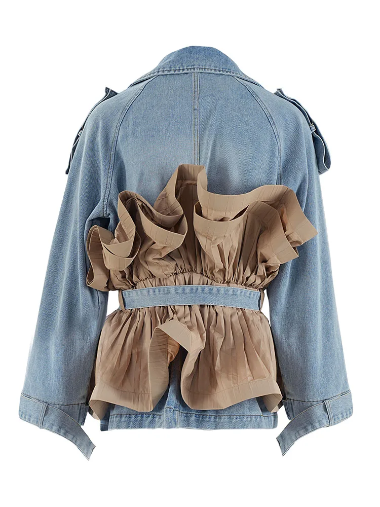 DEAT Trendy Fashion Women\'s Patchwork Wrinkled Design Denim Coat 2024 Autumn New Lapel Long Sleeve Jacket Female CPDB222