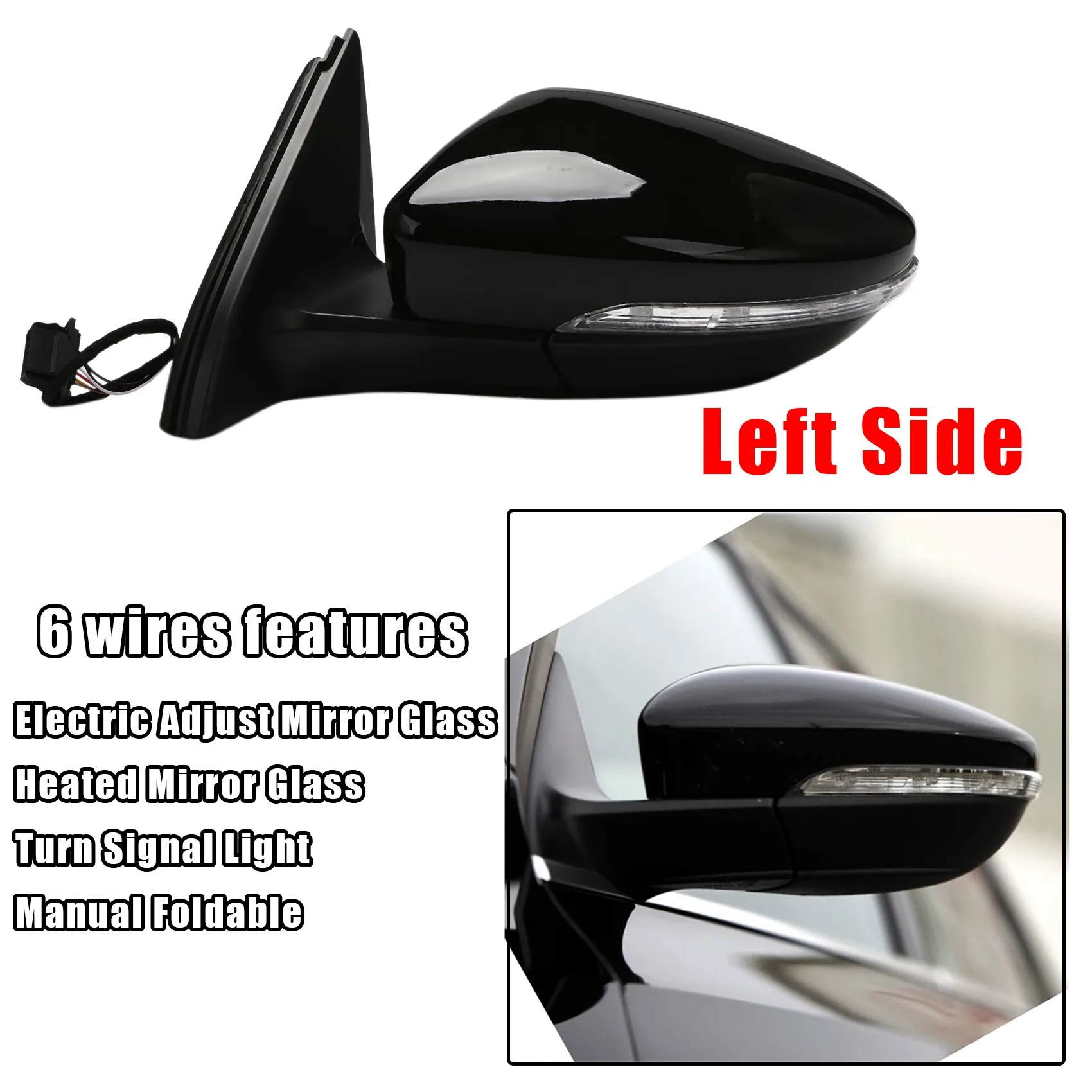 

Зеркало заднего вида в сборе, силовое стекло, указатель поворота с подогревом, 6 проводов для JETTA 2011-2018 Black-ABQF