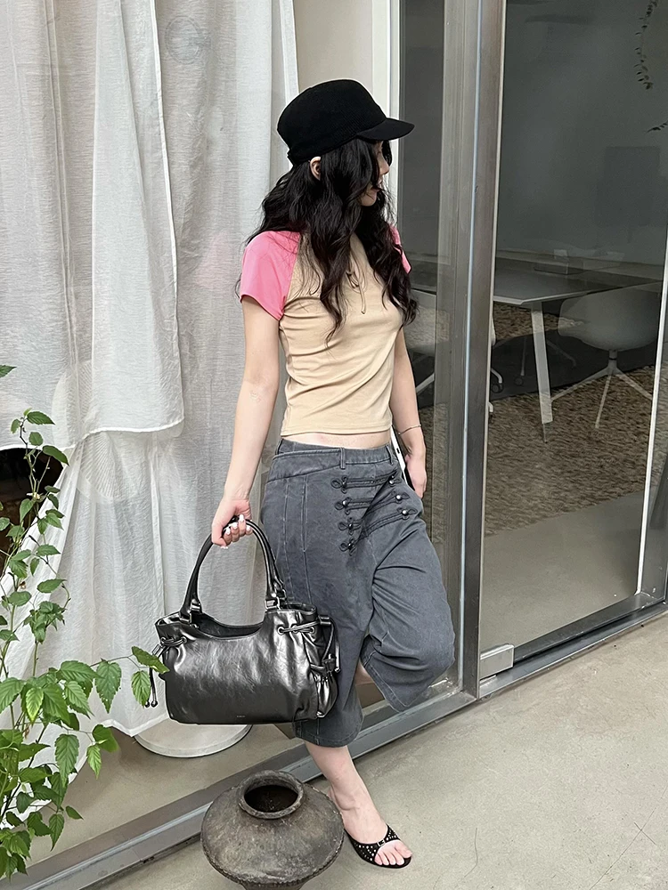 ReddaChic Napoleon Capri Jeans Woman Vintage Gray Do Old Low Rise Wide Leg Straight Cargo Bermuda Denim Shorts Trendy Streetwear view 4