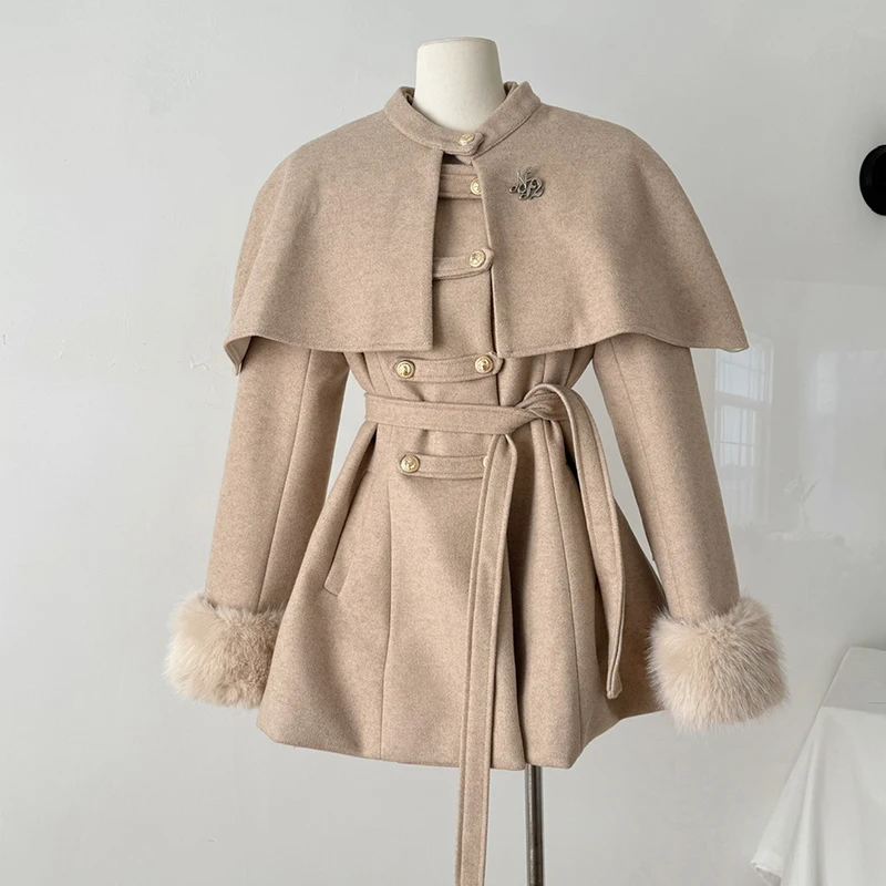 Thick Detachable Cape Wool Coat Woolen Jacket Poncho Fur Overcoat Elegant Poncho Autumn Winter 2026 New Black Apricot Outwear