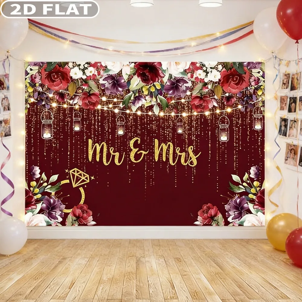

2D FLAT 1pc 7x5ft Burgundy Floral Mr & Mrs Studio Props Backdrop, Polyester Engagement Party Decor for Couples, Wedding Bride