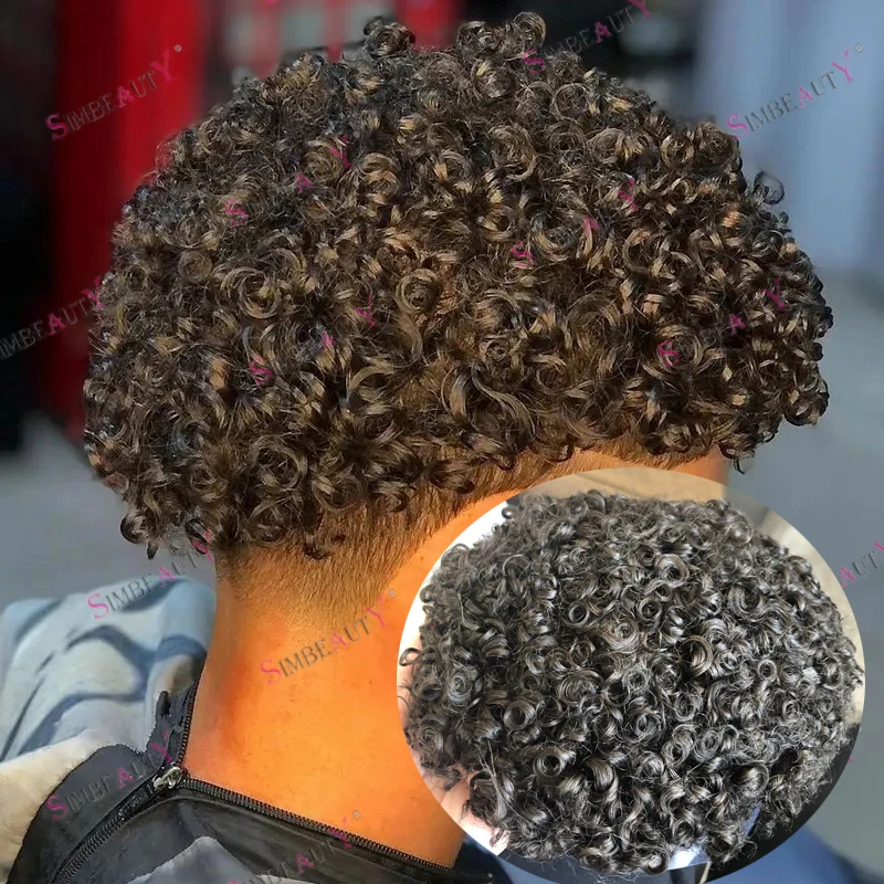 

Durable 15mm Curly Strong 0.1mm Full PU Base 100% Human Hair Man's Wigs Natural Hairline Brown Grey 1B10 Hair System Prosthesis
