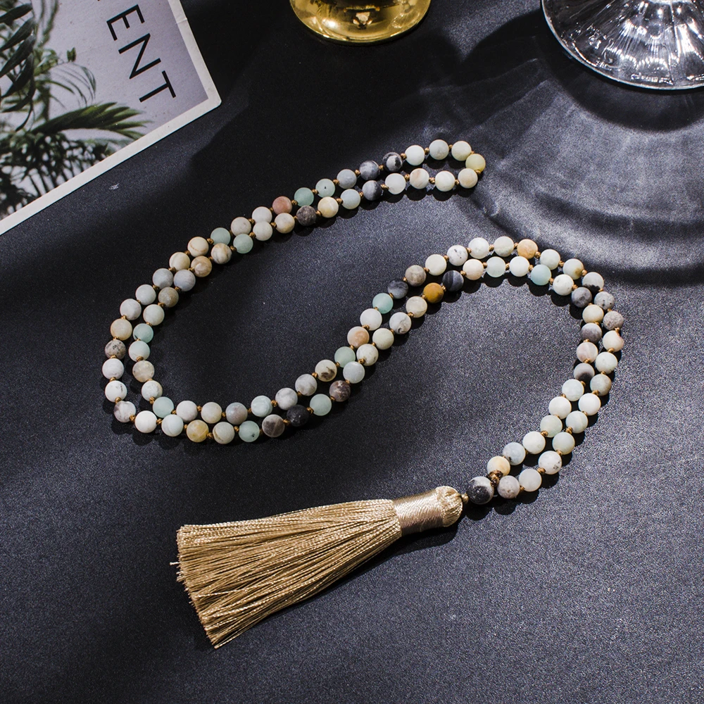 6mm Matte Amazonite Knotted 108 Mala Beads Necklace Meditation Yoga Prayer Jewelry with Tassel Pendant Japamala Rosary