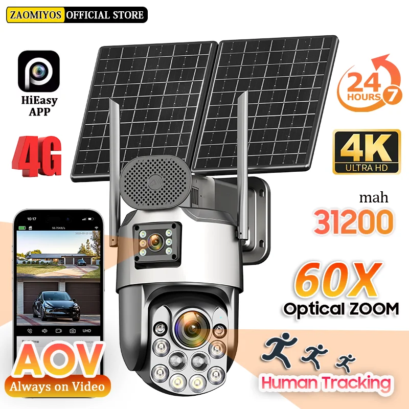 10mp câmera de vigilância ao ar livre solar 60x óptica 4g sim sem fio segurança em casa ptz rastreamento automático aov 24/7 registro cctv ip cam