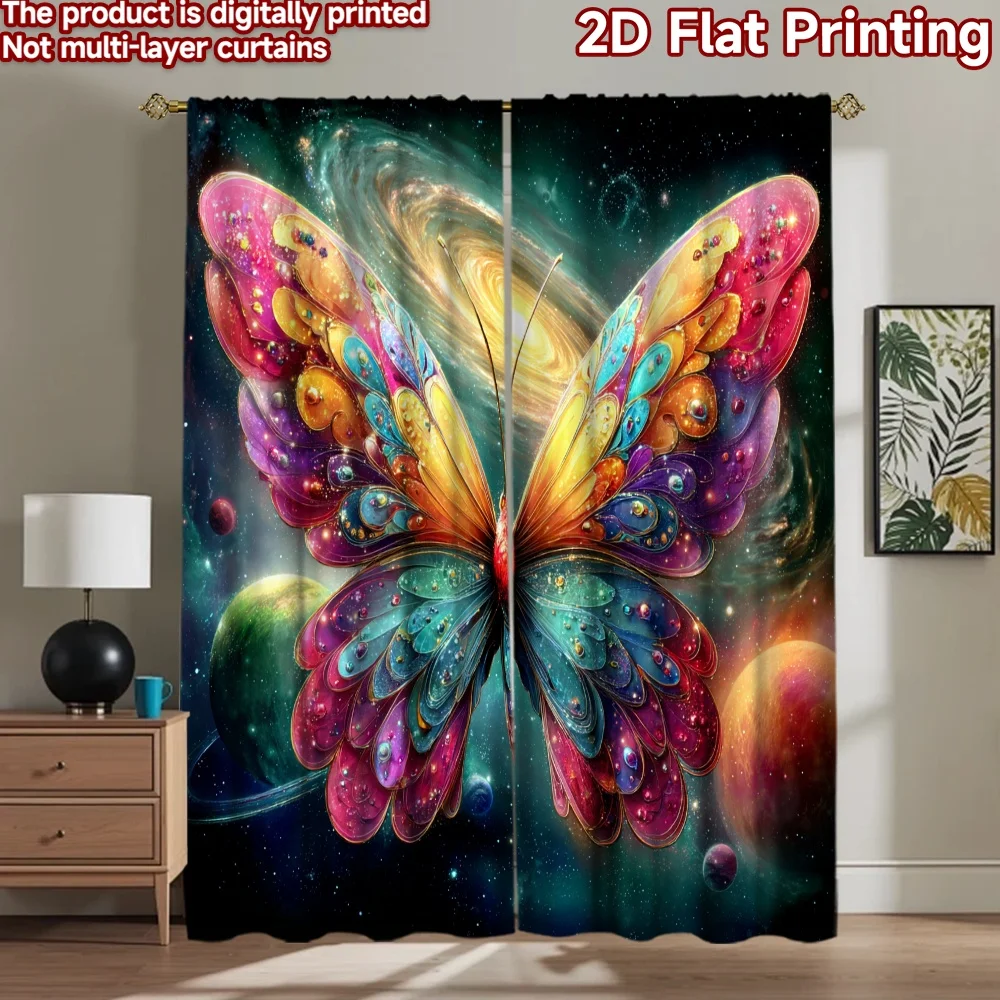 

2D flat printing 2pcs Party Curtain Cosmic Rainbow Butterfly Galaxy Digital Printed Polyester Drapes Holiday Decorations for