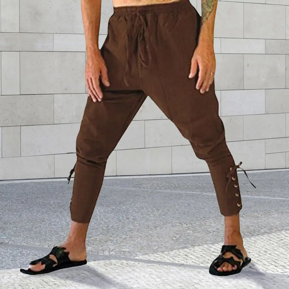 Men Medieval Trousers Vikings Pirate Ankle-banded Lace-up Strap Pants Solid Color Elastic Waist Pleated Loose Cropped Trousers