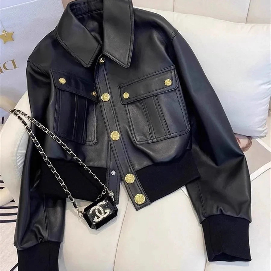 

Bla PU Leather Biker Jaet ort Design Sensation Spring Autumn Women's Faion Tagkita Brand Collared Outerwear Top