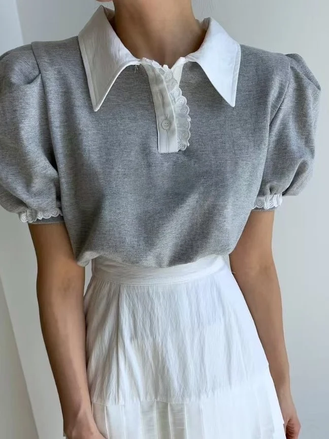 

Color Block Neck Letter Print Sweatshirt Women Summer New Style Ageless Ruffle Bubble Sleeve Top Trendy Casual Fit