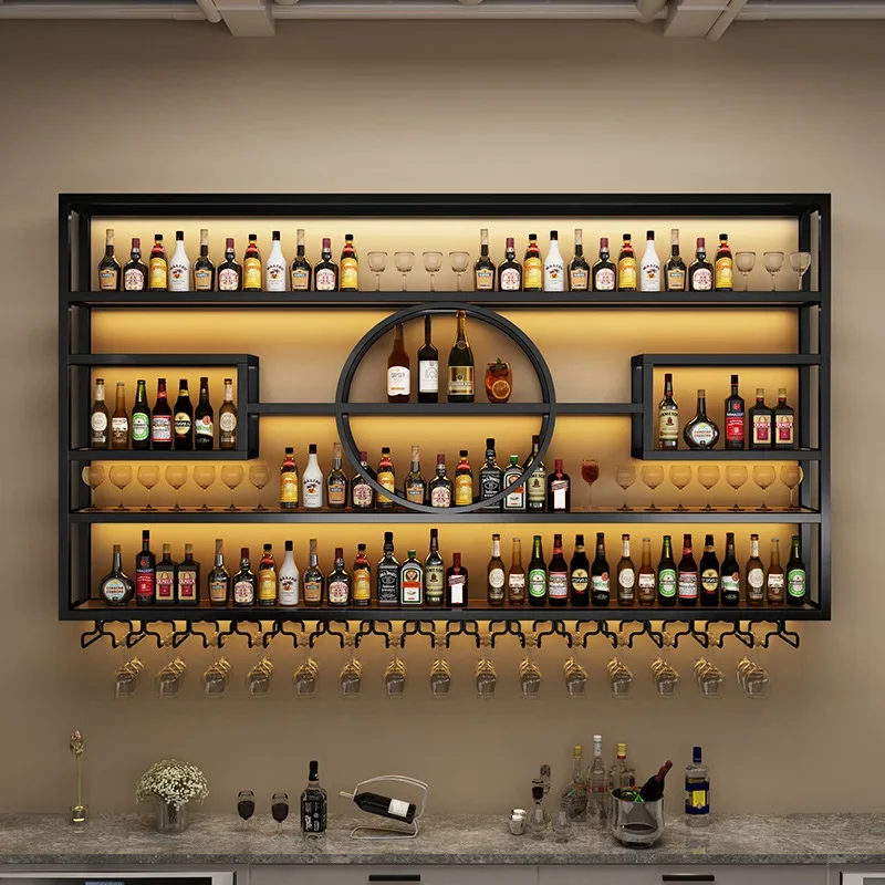 

Bar bar decorative wall-mounted luminous wine rack restaurant wall-mounted wrought iron wine cabinet creative display rack