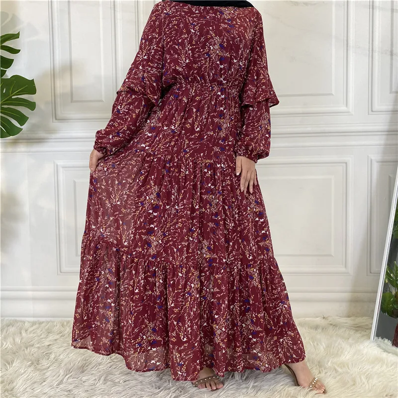 Morocco Muslim Women Chiffon Floral Print Abayas Long Sleeve Maxi Dress Turkey Arab Kaftan Dubai Islamic Party Jalabiya Ramadan