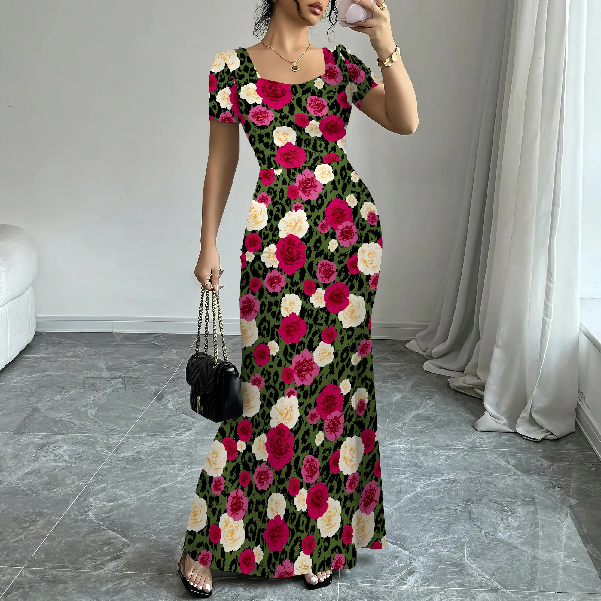 

Nupusa Rose Print Dress for Women Standard Size Summer Casual Square Neck Short Sleeve Maxi Dress