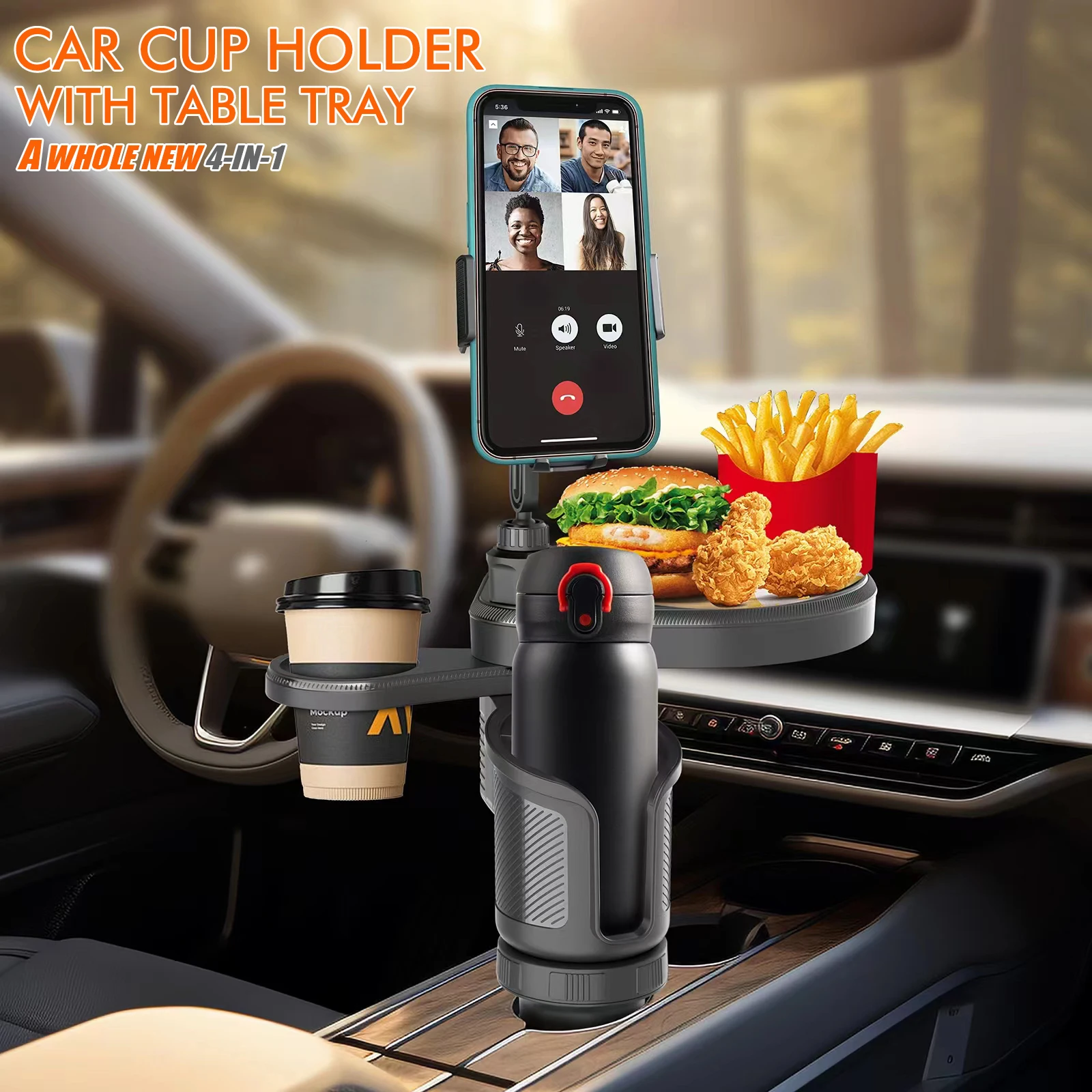 4-in-1-Autotelefon- und Getränkehalter, einfach zu installieren, Lebensmitteltablett, Auto-Getränkehalter, Expander für Snacks, Wasserflaschen, Tassen, Kaffeetassen, Schlüssel