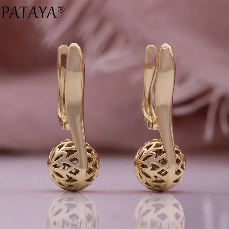 PATAYA Unique Glossy Ball Drop Earrings for Women Fashion Hollow Pattern Champagne Gold Color Retro Ethnic Daily Jewelry