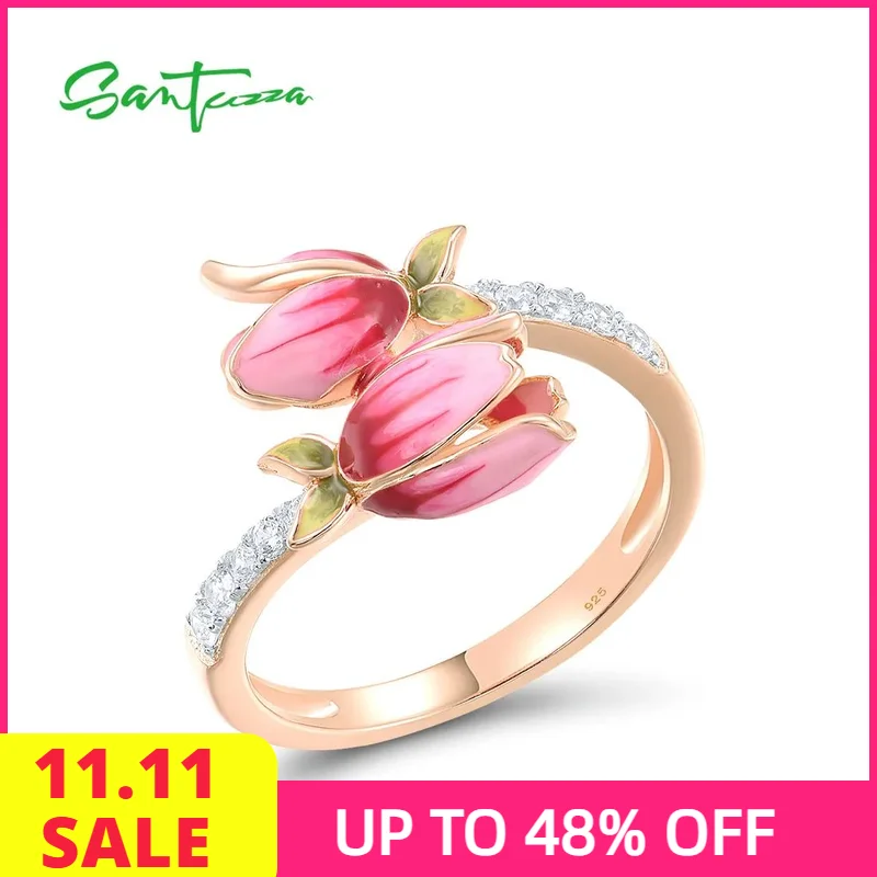 

SANTUZZA Genuine 925 Sterling Silver Rings For Women Sparkling White Cubic Zirconia Enamel Tulip Flower Rose Plated Fine Jewelry