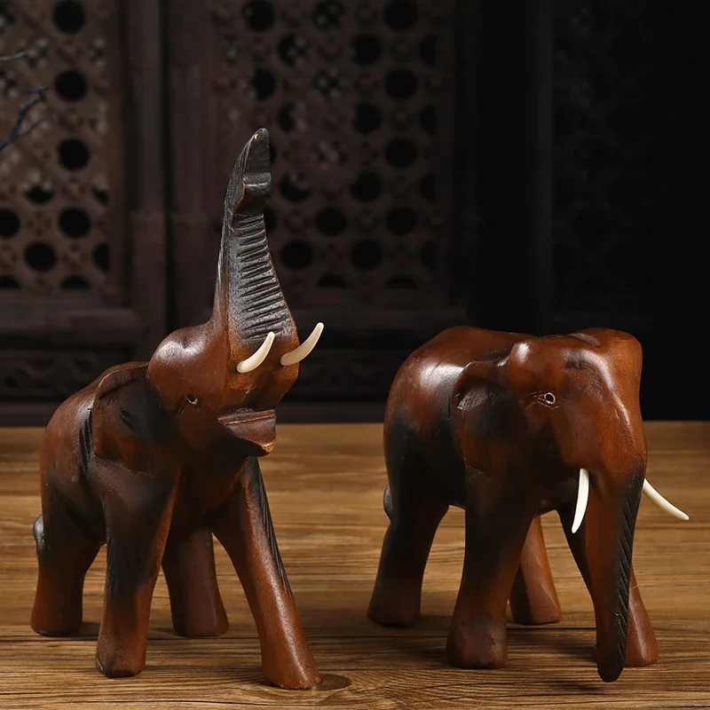 Thai Craft Solid Wood Carving Elephant, TV Cabinet Display Shelf Ornament, Home Desktop Decor, Decorative Item