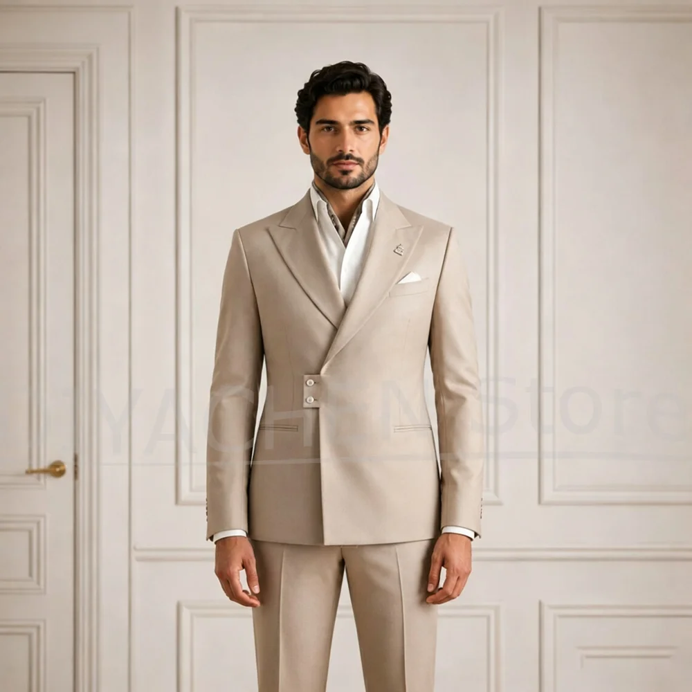 Fashion Men Suit 2 Piece Asymmetric Wrap Tuxedo Jacket And Trousers Luxury Smart Casual Wedding Groom Evening Party Outfit
