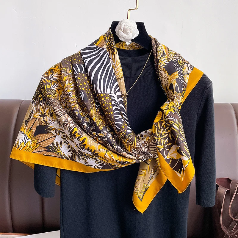 2024 New Twill Square Silk Scarf for Women Design Floral Print Wraps Stoles Hijab Foulard Headband Fashion Lady Shawl Bandana