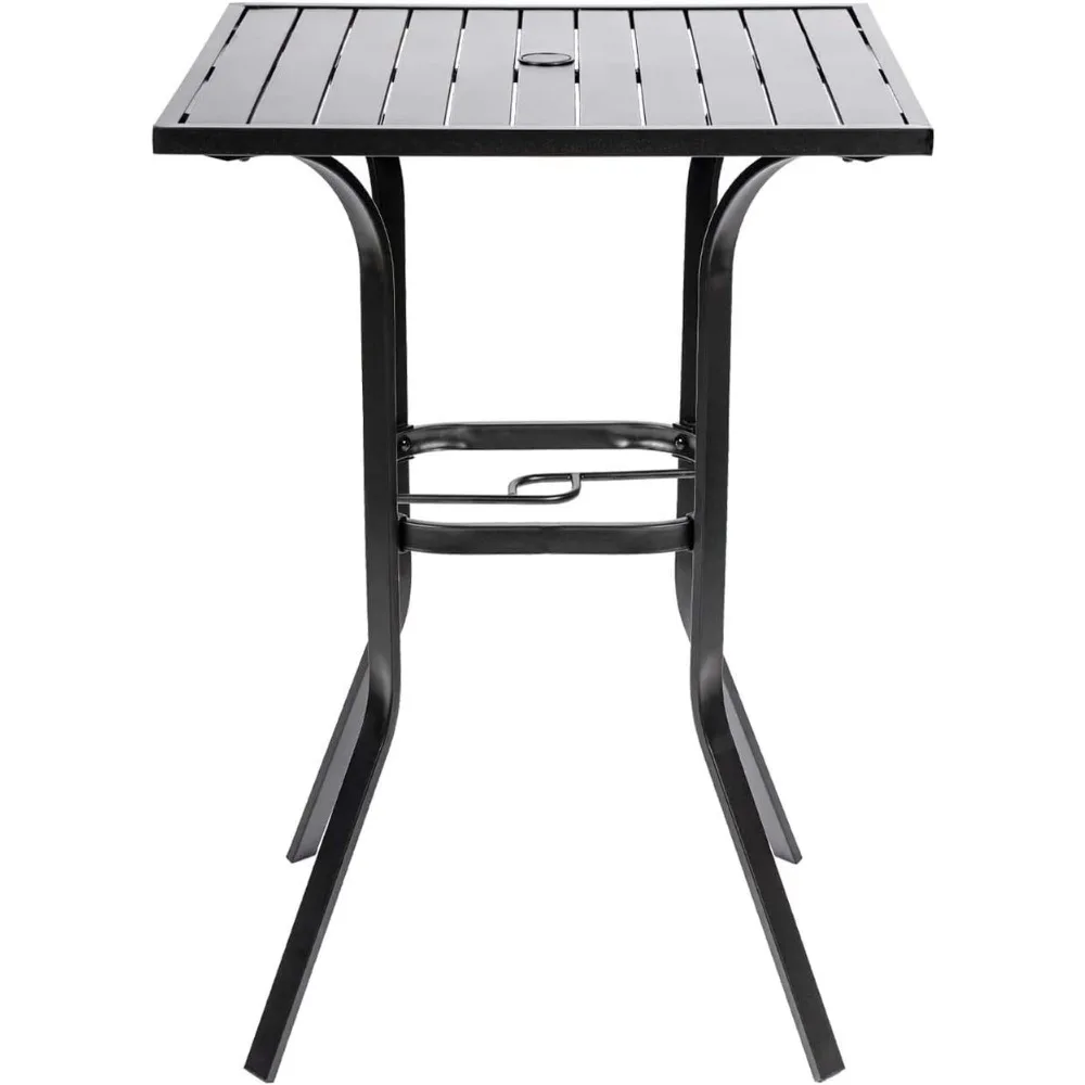 

Patio Height Bar Table, Outdoor Bistro Square High Top Dining Table with 1.57'' Umbrella Hole & Steel Slat Table Top (Black)