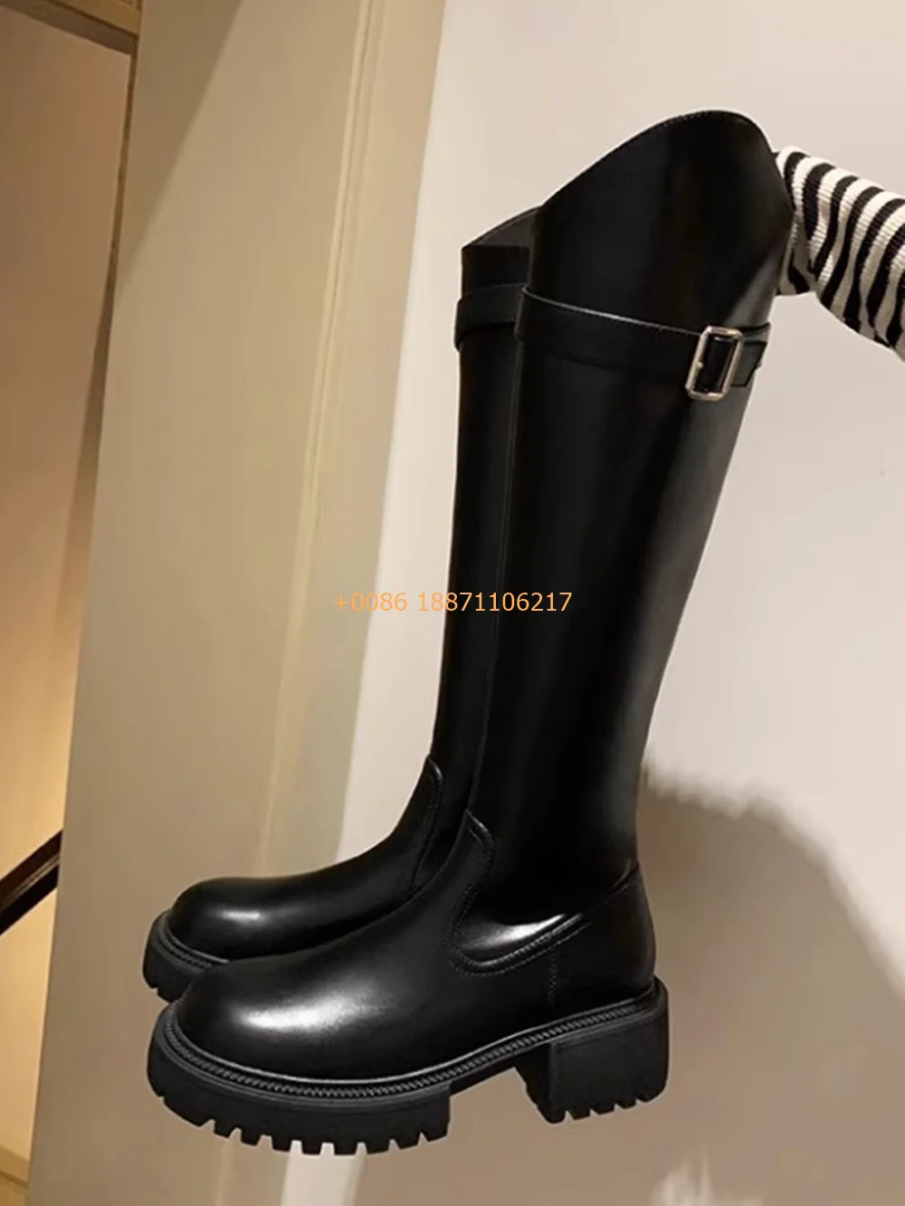 

Black Knee-High Women's Knight Boots 2024 New Thick Sole Round Belt Buckle Street Elegant Thick Heel Boots Fashion Casual Boots