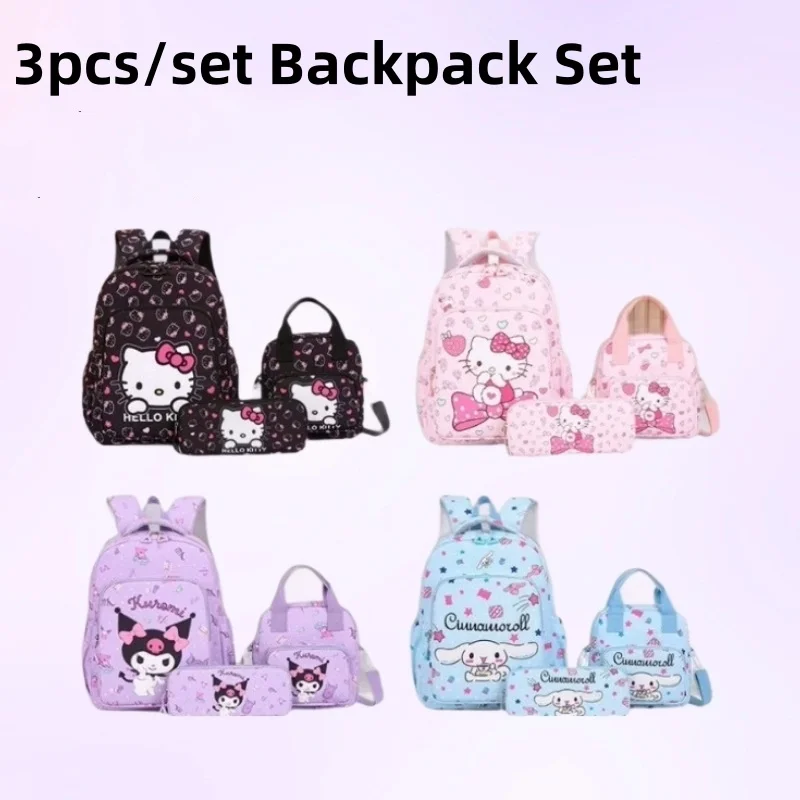 3 ピース/セットハローキティバックパック鉛筆ケースショルダーランチバッグクロミサンリオクロスボディスクールバッグメロディー屋外デイパックキッズバッグ