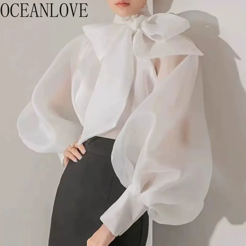 OCEANLOVE Big Bow Women Shirts&blouses Women Tops Solid Transparent Spring Summer Blusas Mujer Vintage Elegant Camisas