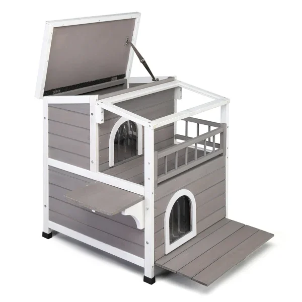 Wooden Cat house 2-Story Indoor Outdoor Luxurious Cat Shelter House with Transparent Canopy,Double escape door, Grey&White