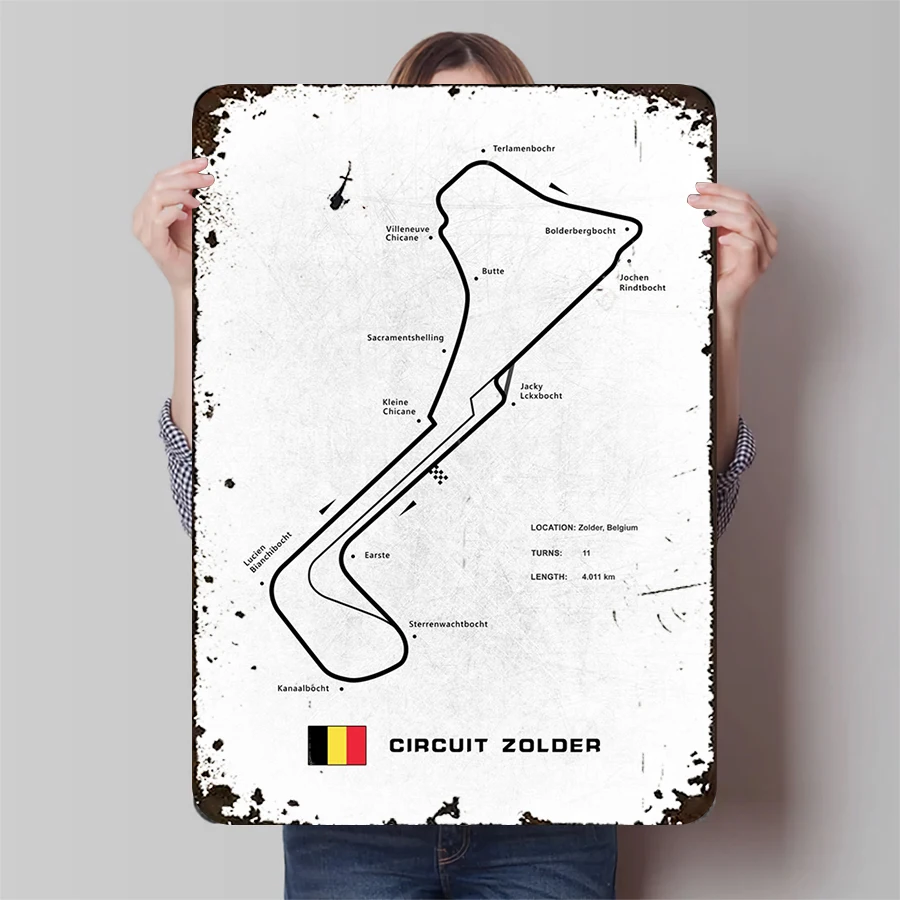 Zolder Circuit Bélgica F1 Track Art Decoración de pared de metal Regalo entusiasta de carreras para el garaje del hogar