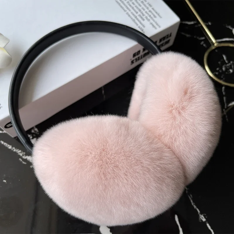 Real Rex Rabbit Fur Earmuffs for Women Winter Headphones Soft Warm Cable Furry Rabbit Fur Ear Covers for Cold Weather