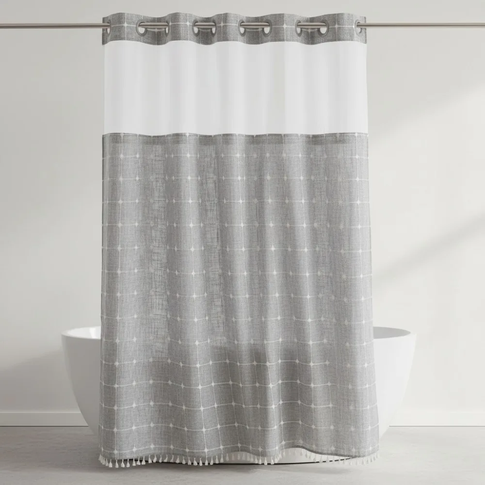

Farmhouse Shower Curtain with Snap-in Liner, No Hooks Needed, Water Repellent & Machine Washable, Grey 71x74 Inch