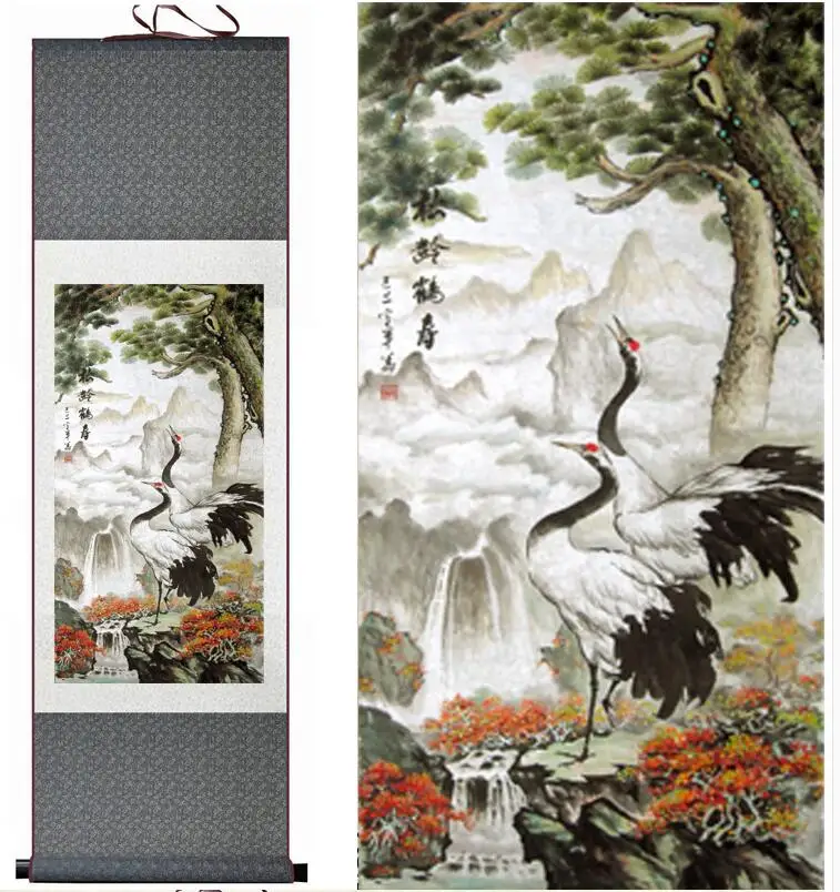 Top quality crane   Painting Home Office Decoration Chinese scroll painting Crane and tree paintingPrinted painting