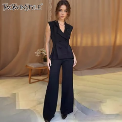 TWOTWINSTYLE Solid Two Piece Set For Women Notched Collar Sleeveless Tops High Waist Straight Pant Temperament Sets Female New