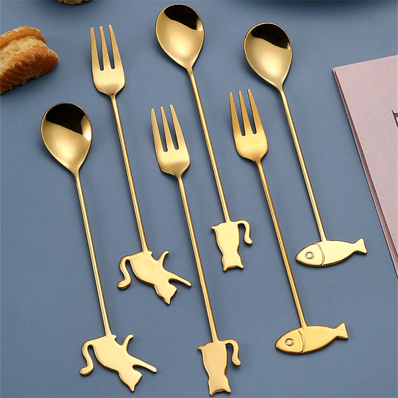 Creative Stainless Steel Coffee Stirring Spoon Cartoon Cat Fish Hanging Cup Teaspoon Fruit Dessert Fork Milk Ice Cream Tableware