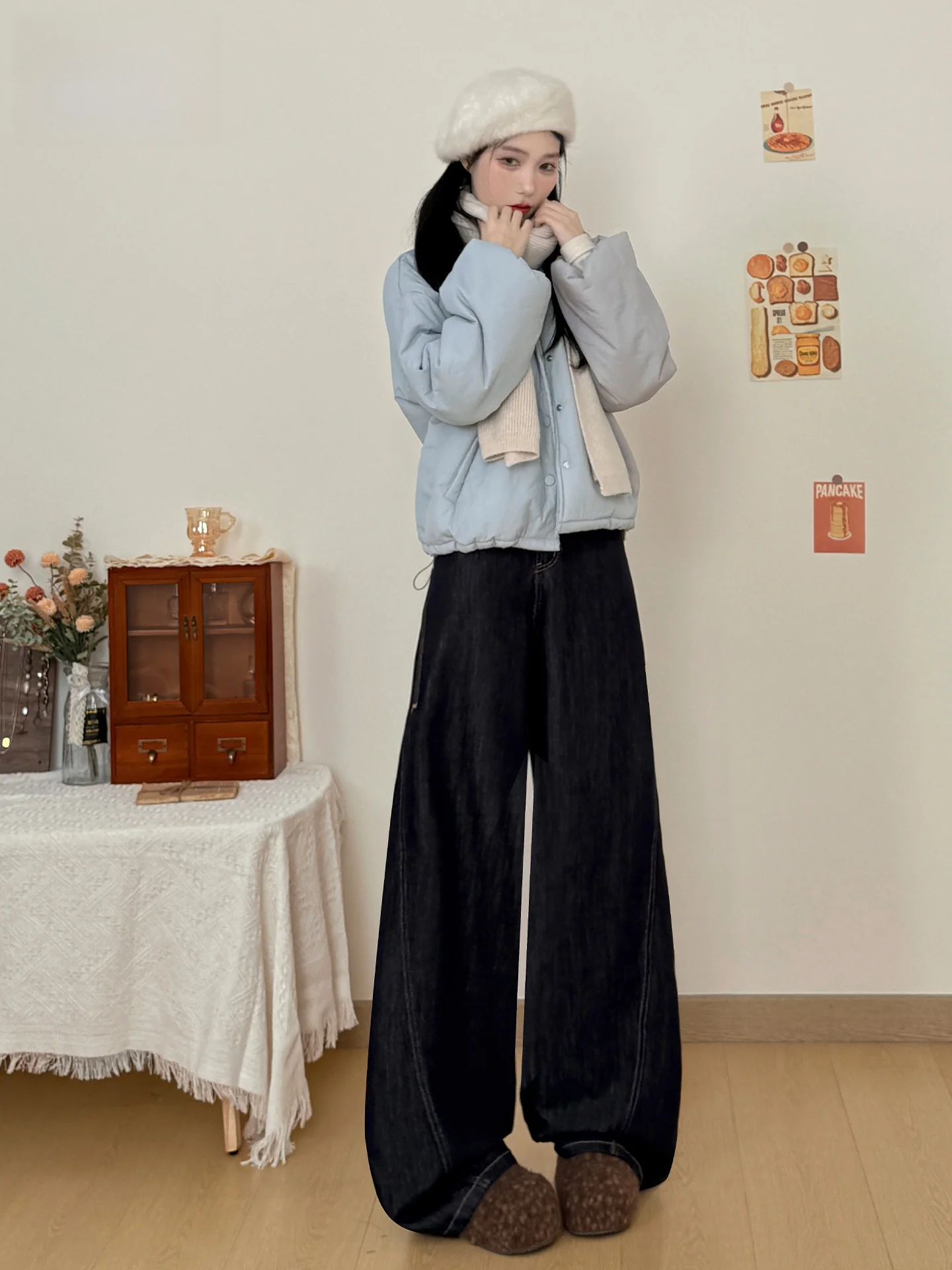 

Женские летние джинсы с высокой талией, широкими штанинами, на флисовой подкладке, свободные, стройнящие, струящиеся, в пол, повседневные брюки