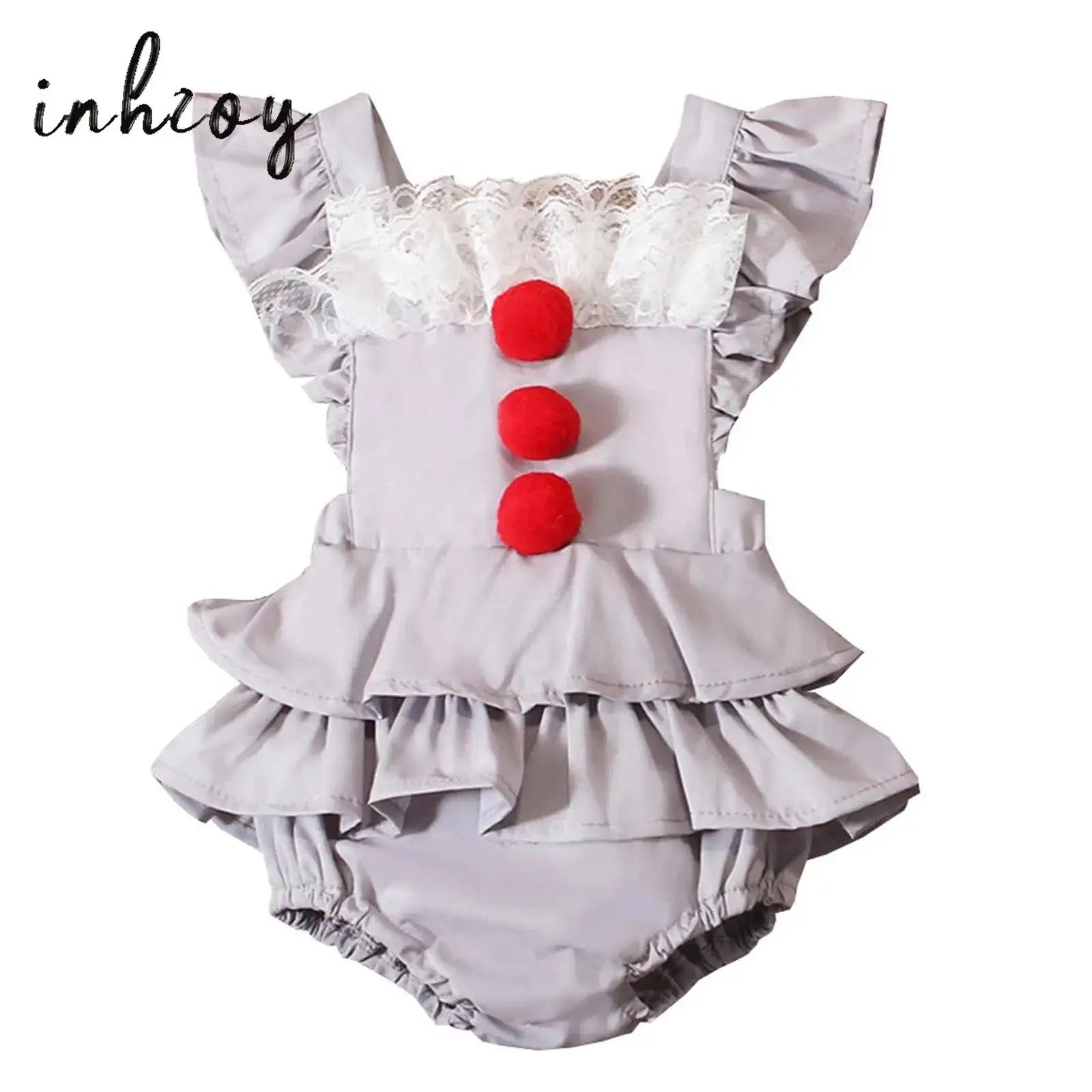 

Girls Boys Clown Costume Halloween Joker Cosplay Costumes Patchwork Lace Red Bobbles Layered Ruffle Jumpsuit Bodysuit Masquerade
