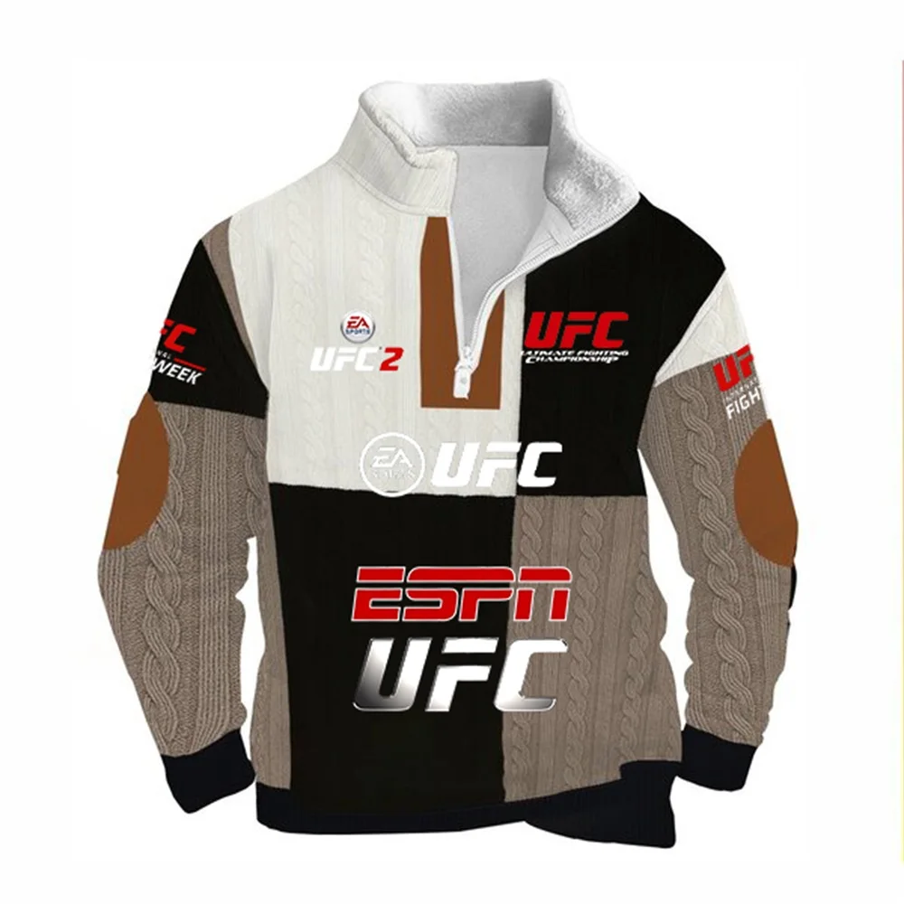 سترة بقلنسوة من الصوف UFC Stand Up cCllar للرجال للخريف والشتاء، بطانة سميكة من الصوف الدافئ، سترة علوية رياضية كاجوال بقصة ضيقة