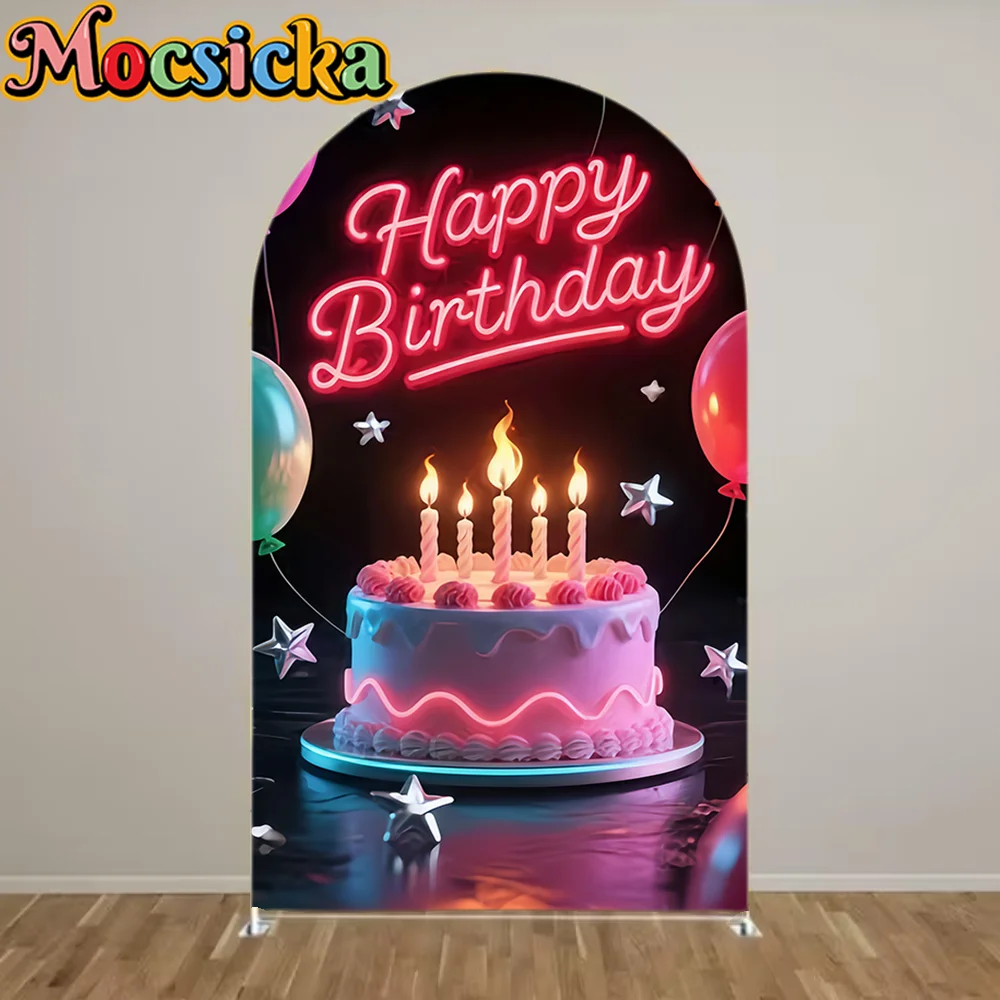 

Mocsicka Birthday Decoration Arched Background Cover, Dazzling Neon Birthday Happy Background Arch, Party Photo Background