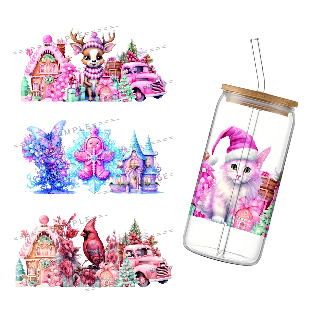 Christmas Wildlife UV DTF Cup Wrap for 16Oz Libbey Glass Can DIY Transfer Sticker Creatures