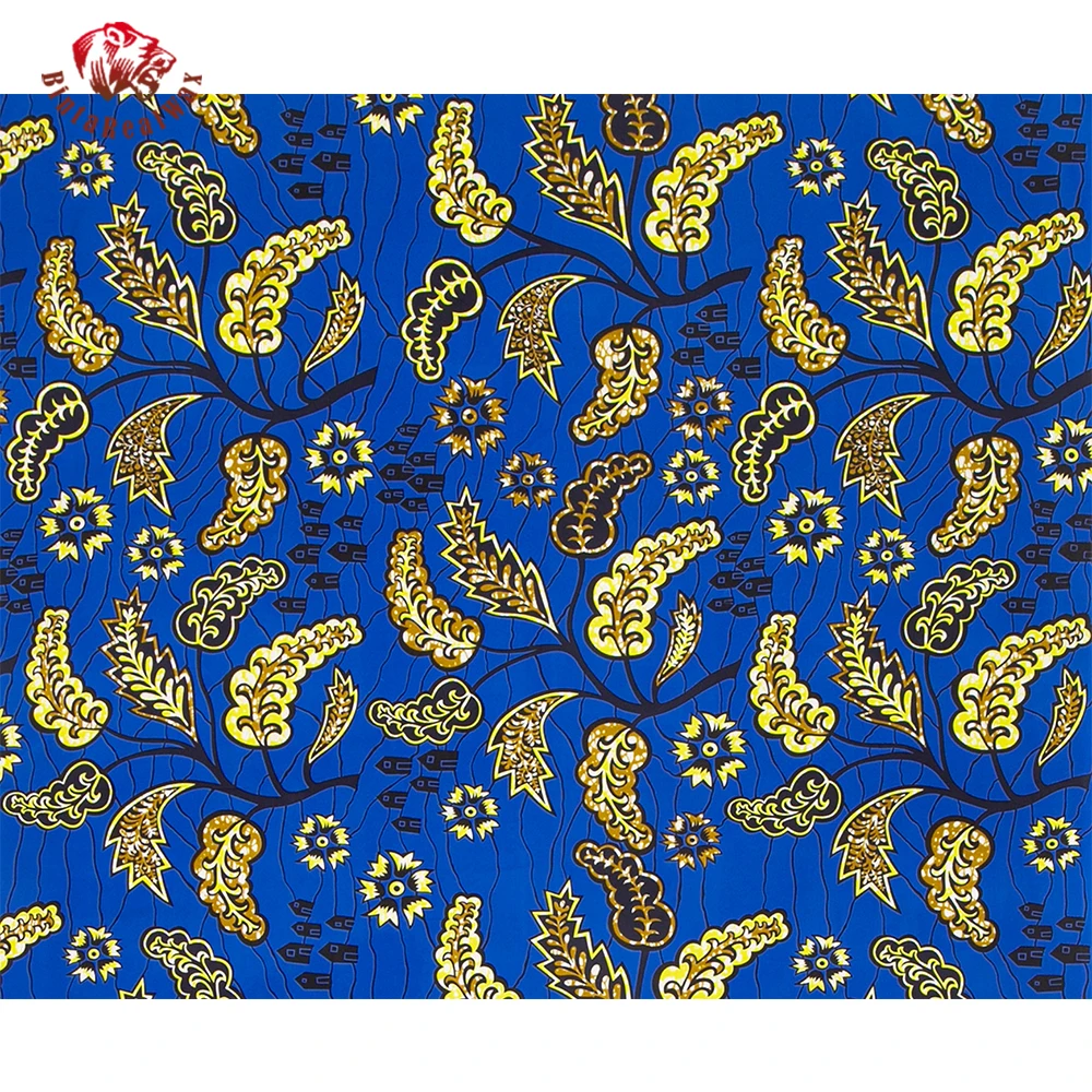 Tissu en polyester imprimé africain, style classique, fond bleu, motif doré, matériel de couture pour robe de soirée, bricolage, FP6574