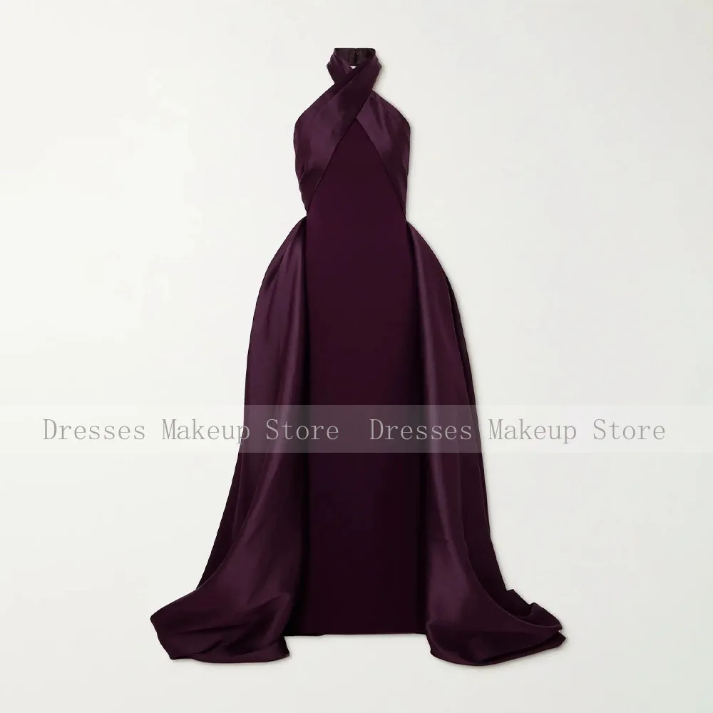 Dark Purple Evening Dress 2024 Halter Criss-Cross Column Evening Gowns for Women Satin Jersey Backless Formal Party Dresses Maxi